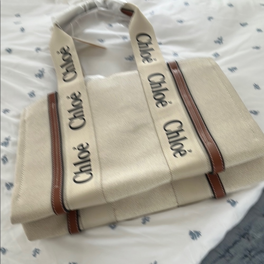 Beige Canvas Tote Bag with Leather Trim